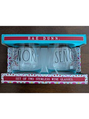 Rae Dunn Señor & Señorita Stemless Wine Glasses Set Of 2 Dishwasher Safe